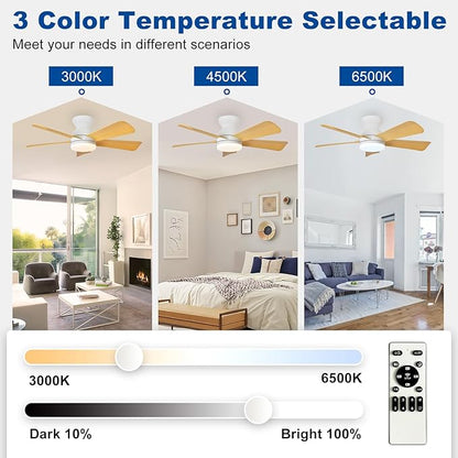 35-Inch Ceiling Fans with Lights: Wood Low Profile Ceiling Fan with Light and Remote Control - Reversible Flush Mount Fans - 3CCT Dimmable Small Ceiling Fan for Bedroom Indoor/Outdoor Use