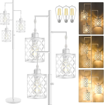 Dimmable Floor Lamp, Farmhouse Standing Lamp with Elegant Metal Cage, Industrial Tall Tree Floor Lamps for Living Room, Bedroom, Study Room, Office, 3 x 800LM LED Bulbs Included, 72", White