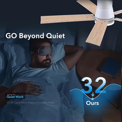 52 Inch Ceiling Fans with Lights and Remote,Flush Mount White Ceiling Fan with 5 Blades,6 Speed Reversible DC Motor,3CCT Dimmable LED-Low Profile Design for Bedroom, Living room & Covered Outdoor