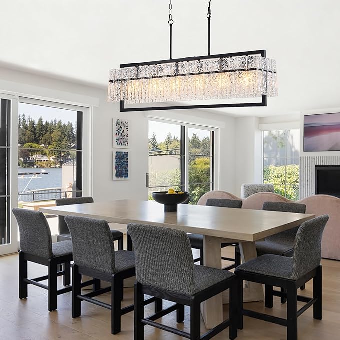 Modern Chandeliers for Dining Room, 6-Light Large Black Rectangle Kitchen Island Lighting with Water Ripple Glass, 42” Crystal Linear Chandelier Light Fixture Over Table for Living Room