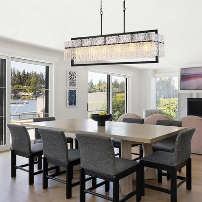 Modern Chandeliers for Dining Room, 6-Light Large Black Rectangle Kitchen Island Lighting with Water Ripple Glass, 42” Crystal Linear Chandelier Light Fixture Over Table for Living Room