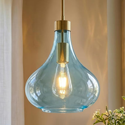 Modern Glass Pendant Light 9.44 in Light Blue Glass Shade Gold Farmhouse Island Pendant Lights for Kitchen Pendant Lighting Over Sink Bedroom Dining Room