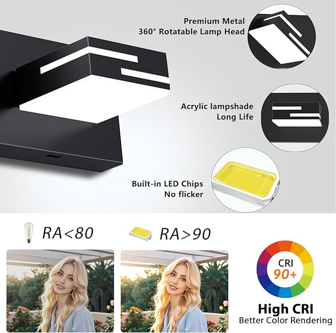LED Modern Bathroom Vanity Light Fixtures, 4-Light 28-inch Dimmable Matte Black Vanity Lights for Bathroom Lighting Fixtures Over Mirror, with 360° Rotatable Acrylic Heads (Cool White 6000K)