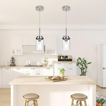MELUCEE 2 Pack Pendant Lights Kitchen Island Brushed Nickel Adjustable Hanging Ceiling Lamp with Clear Glass Shade, Modern Glass Pendant Lights for Dining Table Hallway Living Room