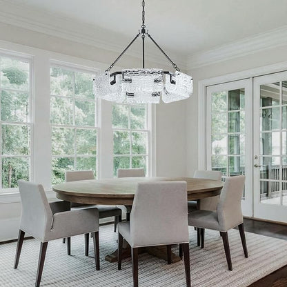 26.5" Black Glass Chandeliers for Dining Room,12-Light Large Modern Textured Glass Drum Chandelier, Crystal Round Hanging Light Fixture Over Table for Living Room Hallway Bedroom Kitchen,E12