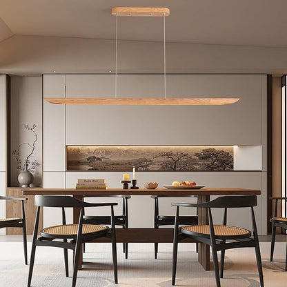 55" Wood Linear Pendant Light, Dimmable Kitchen Island Light with Remote, 40W LED Island Lights for Kitchen, Adjustable Linear Chandelier for Dinning Room Light Fixture, Bar, Pool Table Light Natural