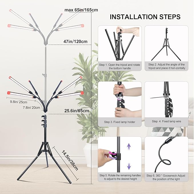 FRGROW 6Head Grow Light with Stand for Tall and Large Indoor Plants, Bonsai Tree, Big Coverage and Bright Plant Growing Lamps, 4/8/12/16/20H Timer, 54 Watt Power Draw, NO Need Adapter, 360° Gooseneck
