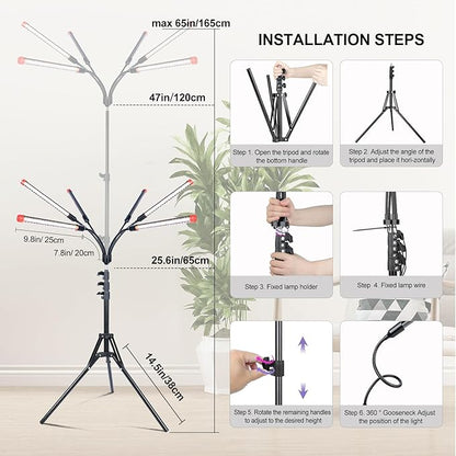 FRGROW 6Head Grow Light with Stand for Tall and Large Indoor Plants, Bonsai Tree, Big Coverage and Bright Plant Growing Lamps, 4/8/12/16/20H Timer, 54 Watt Power Draw, NO Need Adapter, 360° Gooseneck