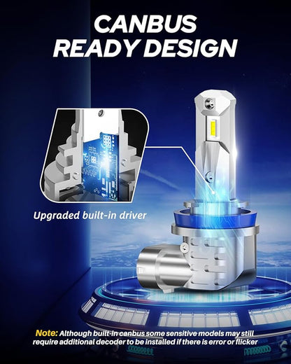 AUTOONE H8 H11 H16 LED Light Bulbs White, 6000K Super Bright, Fanless Mini Size, Plug and Play, Pack of 2