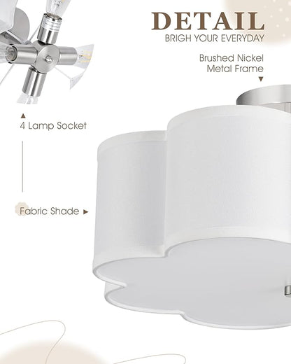 Semi Flush Mount Ceiling Lights, 4-Light 18" Ceiling Light Fixtures with Fabric Shade in Flower Shape, Brushed Nickel Farmhouse Drum Lighting for Nursery Bedroom Kitchen, AD-22009-4SF-SN