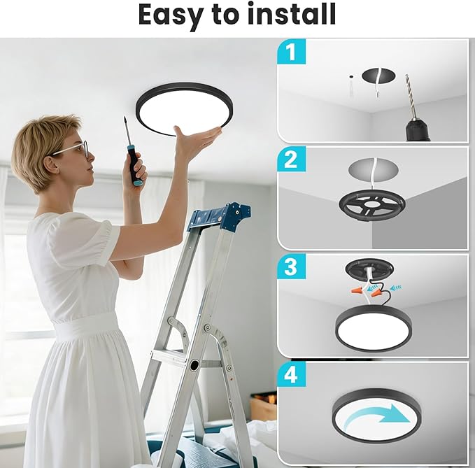 libtit 7 inch Flush Mount LED Ceiling Light Fixture, 3000K-6500K Adjustable, 15W 1500lm Black Satin Round Ceiling Lamp for Bathroom Hallway Kitchen Bedroom, 6 Pack