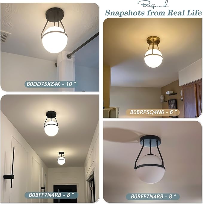 Bagood 8 Inch Mid Century Ceiling Light Modern Black Semi Flush Mount Ceiling Light with Clear Glass Shade Globe Semi Flush Mount Ceiling Light Fixture for Bedroom Hallway Bathroom Foyer (Bulb Incl.)