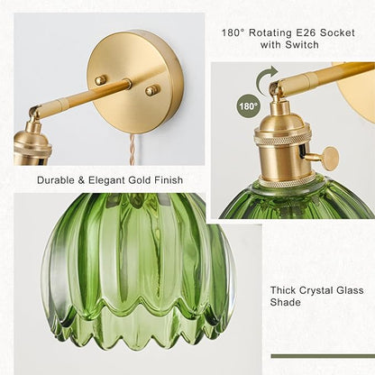 Plug in Wall Sconces Set of 2, Vintage Wall Sconce Light with Tulip Green Glass Lampshade, Bedroom Wall Sconce with Switch and Plug in wall lamp Cord, Gold Wall Light Wall Decor Set of 2
