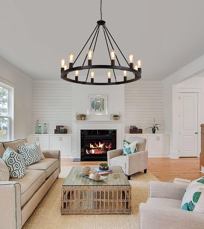 AMZASA Large Farmhouse Wagon Wheel Chandelier,Black Industrial Round 12 Lights Dining Room Light Fixture for Kitchen Living Room Foyer Hotel Dia38.2 Inches UL Listed