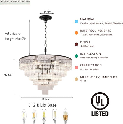 Modern Multi-Tier Crystal Chandelier 6-Tier Round Black Finish Ceiling Light -Cylindrical Glass Rods -Dining Room Living Room Bedroom Entryway -Luxury Lighting Fixture 35.5''