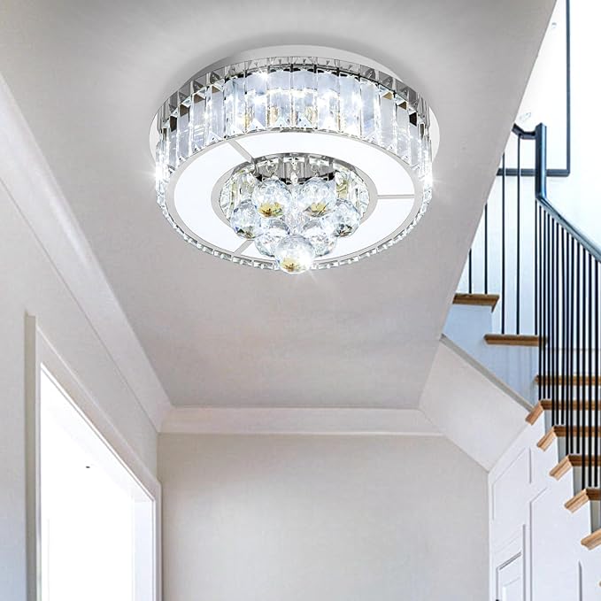 11.8" Silver Modern Crystal Chandeliers for Dining Room LED Dimmable Light Fixtures Flush Mount Light Living Room Bedrooms