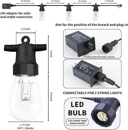 CAWWS Outdoor String Lights 50FT, Outdoor Lights for Patio with 20 Dimmable RGBW LED Bulbs, IP66 Waterproof Shatterproof, with APP Control & Remote, 24V Adapter Color Change,for Backyard Décor