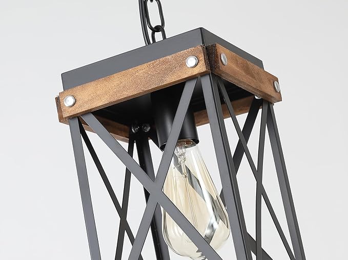 2 Pack Rustic Farmhouse Wood Pendant Light Fixture One-Light Adjustable Chain Oak Wood and Metal Lantern Cage Small Pendant Lighting for Kitchen Island Sink Hallway Farmhouse Bathroom Bar, Black