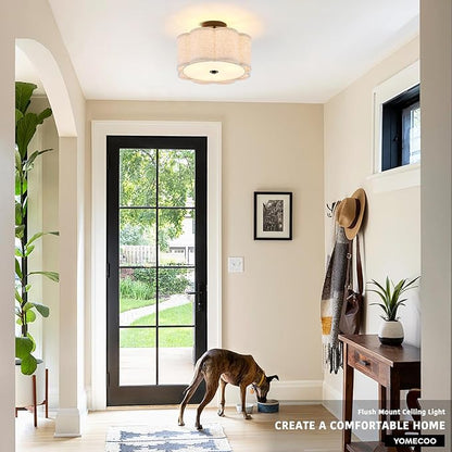 Semi Flush Mount Ceiling Light, Beige Linen Fabric Shade Ceiling Light, Black Modern Farmhouse Close to Ceiling Light for Bedroom, Hallway, Living Room, Dining Room, Laundry Room