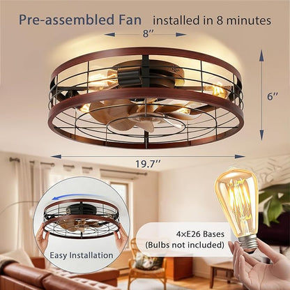 VOLISUN Farmhouse Caged Ceiling Fans with Lights Flush Mount, 19.7'' Rustic Low Profile Ceiling Fan with Light and Remote, Bladeless Fandelier Ceiling Fans with Lights for Kitchen, Bedroom(Wood)
