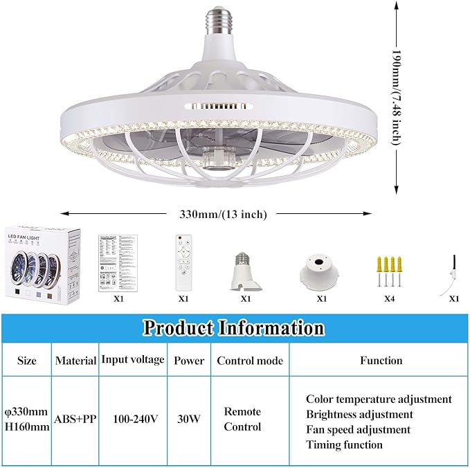 Socket Fan Light with Remote, 13 inch Socket Ceiling Fan with Dimmable Led Light, 3 Colors 3000K-6500K, 3 Speeds, Flush Mount Ceiling Fans with Lights for Bedroom, Kitchen, Living Room-White