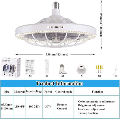 Socket Fan Light with Remote, 13 inch Socket Ceiling Fan with Dimmable Led Light, 3 Colors 3000K-6500K, 3 Speeds, Flush Mount Ceiling Fans with Lights for Bedroom, Kitchen, Living Room-White