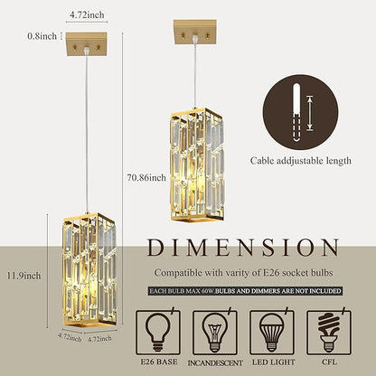 Pendant Lights Kitchen Island, Modern Golden Pendant Light Fixtures, Mini Crystal Chandelier, Adjustable Hanging Lights Fixture for Dinning Room Over Table Bedroom