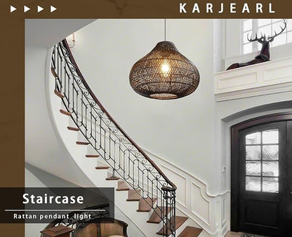 Karjear Black Rattan Chandelier, 16.5 inch Large Wicker Pendant Lights Fixture Hand-Woven Basket Hanging Light for Dining Room Kitchen Island Living Room