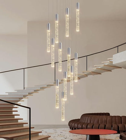 Modern High Ceiling Crystal Chandelier 12-Lights, Large Spiral LED Raindrop Foyer Pendant Lighting, Bubble Staircase Living Room Hanging Light Fixture Flush Mount Chrome