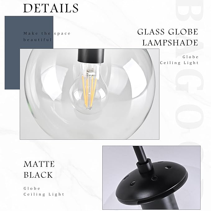 Bagood 8" Black Semi Flush Mount Ceiling Light Fixture Clear Glass Globe Ceiling Light Fixture Hallway Light Fixture Mid Century Ceiling Light Matte Black Finish for Entryway Foyer Kitchen(Bulb Incl.)