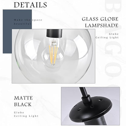 Bagood 8" Black Semi Flush Mount Ceiling Light Fixture Clear Glass Globe Ceiling Light Fixture Hallway Light Fixture Mid Century Ceiling Light Matte Black Finish for Entryway Foyer Kitchen(Bulb Incl.)