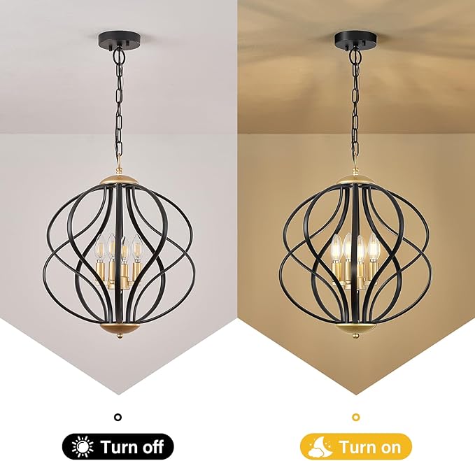 YURNYQ Modern Black and Gold Chandelier for Dining Room, 4 Lights Geometric Chandeliers, Sphere Chandelier Industrial Large Pendant Light Fixtures Hanging for Kitchen, Entryway, Foyer, Stairs