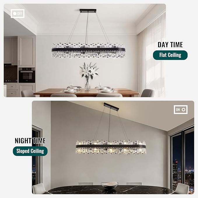 Siljoy Rectangle Black Crystal Chandelier, 20-Light Modern Rectangular K9 Crystal Raindrop Chandelier, Luxury Dimmable Crystal Ceiling Light for Living Dining Room Kitchen Entryway Foyer L52''