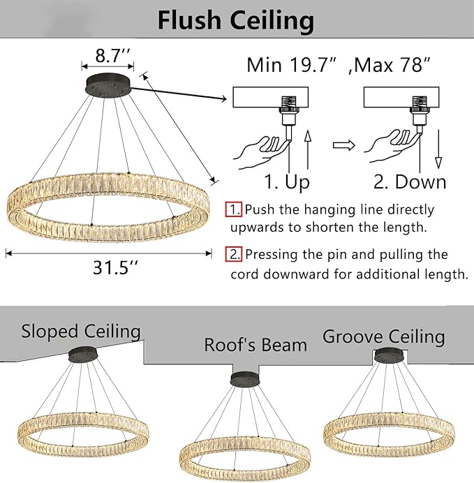 HAIXIANG Modern Crystal Chandelier Dimmable LED Ring Pendant Chandeliers Light Adjustable Glam Hanging Lighting Fixtures for Dining Room Living Room Bedroom Black Light