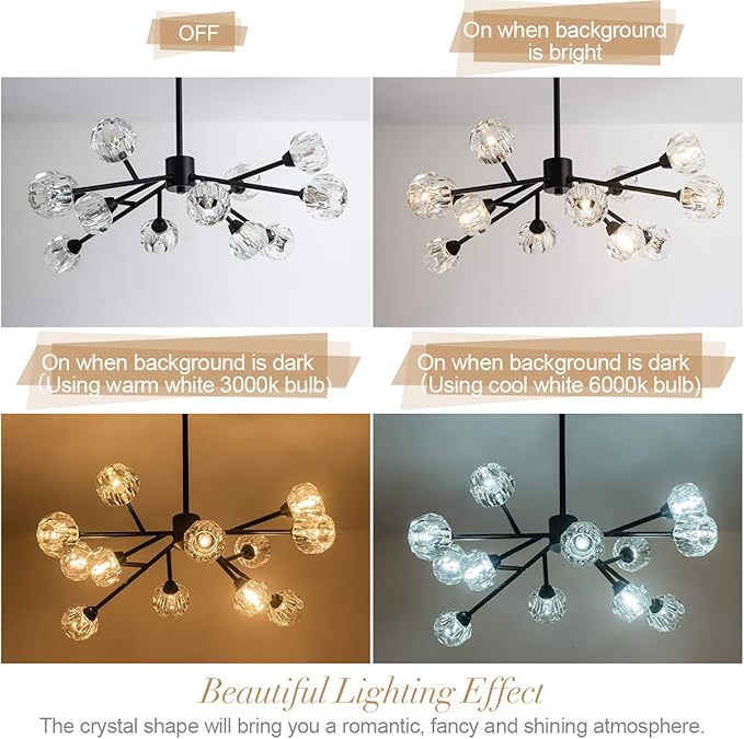 Weesalife Sputnik Chandeliers for Dining Room Light Fixture Over Table, Modern Crystal Chandeliers, 12 Lights Black Lighting Fixtures for Living Room Bedroom Kitchen Island Bar