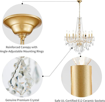 WUZUPS 8-Light Crystal Candle Chandelier Pendant Ceiling Light Modern Lighting Fixture for Bedroom Hallway Bar Kitchen Bathroom, H 35.4" W 27.6", E12 Base, Gold