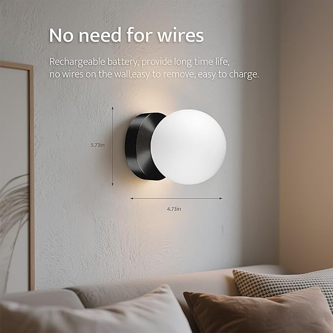 Battery Operated Wall Sconce, Dimmable Wireless Black Wall Lamp with 5200mAh Rechargeable Battery, Portables Cordless Wall Light Fixtures for Painting Living Room Bedroom Bathroom Hallway