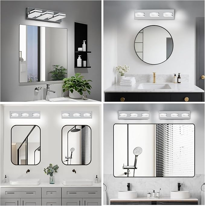 IZORRO LED Modern Bathroom Lights Fixtures(3-Light,Dimmable,360°Rotate),Chrome Acrylic Wall Lighting,Vanity Lights for Bathroom Over Mirror - 6000k 16In （No Assembly Required）
