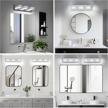 IZORRO LED Modern Bathroom Lights Fixtures(3-Light,Dimmable,360°Rotate),Chrome Acrylic Wall Lighting,Vanity Lights for Bathroom Over Mirror - 6000k 16In （No Assembly Required）