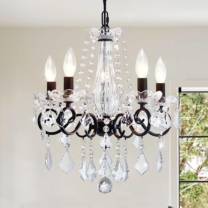 Crystal Chandelier, 5-Light Chandelier for Dining Room Light Fixture, K9 Crystal Pendant Ceiling Light Fixture, Modern Candle Chandelier for Living Room Kitchen Island Entryway Bedroom (Black)