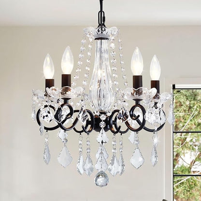 Crystal Chandelier, 5-Light Chandelier for Dining Room Light Fixture, K9 Crystal Pendant Ceiling Light Fixture, Modern Candle Chandelier for Living Room Kitchen Island Entryway Bedroom (Black)