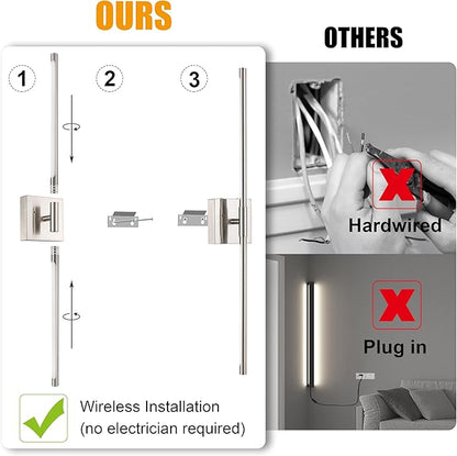 Morauroral Battery Operated Wall Sconces Set of 2, Dimmable Battery Wall Sconce with Remote Control, Sand-Nickel LED Rechargeable Sconces, 30 Inch Modern Wireless Wall Lights for Bedroom, Living Room