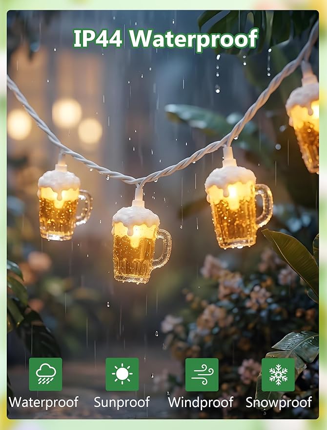 Outdoor Beer Mug String Lights Plug in, 8.5Ft 10 LED Tropical Beach Theme Beer String Lights for Cinco de Mayo Party Decorations, Hanging Tropical Party Lights Waterproof for Backyard Garden Bar Patio