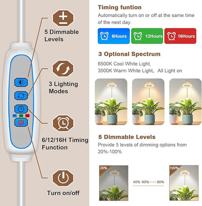 Aokrean Grow Light, 48 LEDs Full Spectrum Plant Lights for Indoor Growing, Height Adjustable Wood Grain Plant Grow Light with Base, 3 Optional Spectrums, Auto Timer 6/12/16Hrs, 5 Brightness