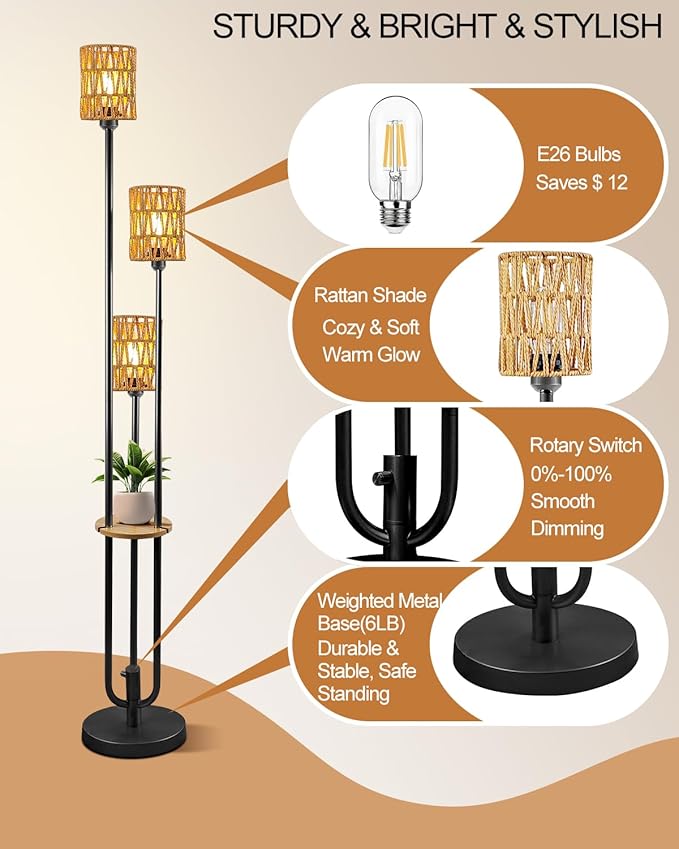 63IN Dimmable Floor Lamp with Shelf, Black Rattan Tall Standing Lamps Candle Holder Style, 3000K Warmwhite Mid Century Modern Floor Lamp with 5Lbs Heavy Base for Living Room (Bulbs Included)