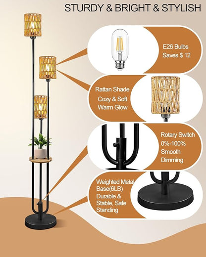 63IN Dimmable Floor Lamp with Shelf, Black Rattan Tall Standing Lamps Candle Holder Style, 3000K Warmwhite Mid Century Modern Floor Lamp with 5Lbs Heavy Base for Living Room (Bulbs Included)