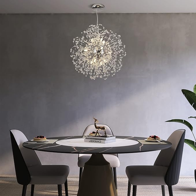 Modern Firework Chandelier, 12-Light Sputnik Chandelier Chrome Pendant Lighting for Dining Room, Dandelion Crystal Chandelier Ceiling Light Fixture for Living Room, Bedroom