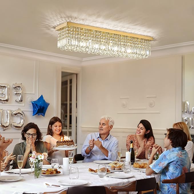 Siljoy Modern Gold Crystal Chandelier for Dining Room, 8-Light Rectangular Flush Mount Crystal Raindrop Chandelier, Luxury Dimmable Crystal Ceiling Light for Living Room Hallway Bedroom L40''