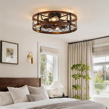 REDSTAR Flush Mount Caged Ceiling Fan with Lights, 20" Small Bladeless Ceiling Fans with Remote, Rustic Low Profile Ceiling Fans Quiet Reversible Enclosed Ceiling Fan for Bedroom Kitchen Farmhouse