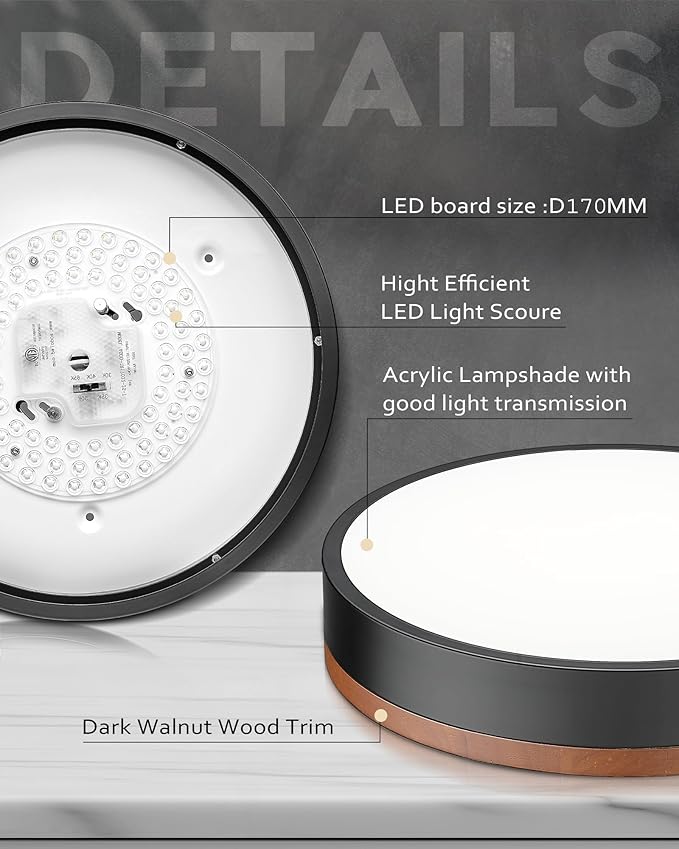 Ken & Ricky12inch Wood Flush Mount Ceiling Light,Black Light Fixtures Ceiling Mount,Led Dimmable 3000K/6500K for Bedroom,Kitchen,Hallway,Entyrway,Laundry Room,24W 5CCT 2PK